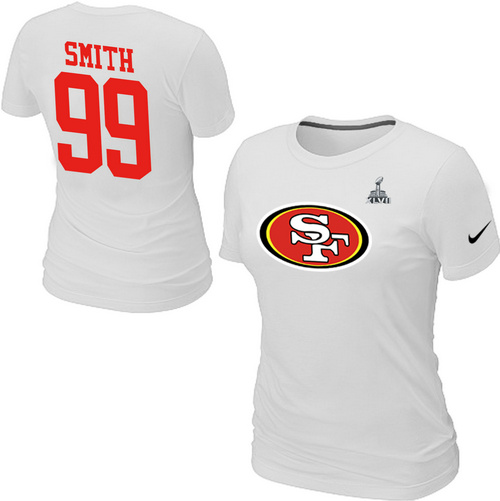Nike San Francisco 49ers 99 SMITH Name & Number Super Bowl XLVII Women's T-Shirt White,We sell and wholesale Nike San Francisco 49ers 99 SMITH Name & Number Super Bowl XLVII Women's T-Shirt White on line form chian!
