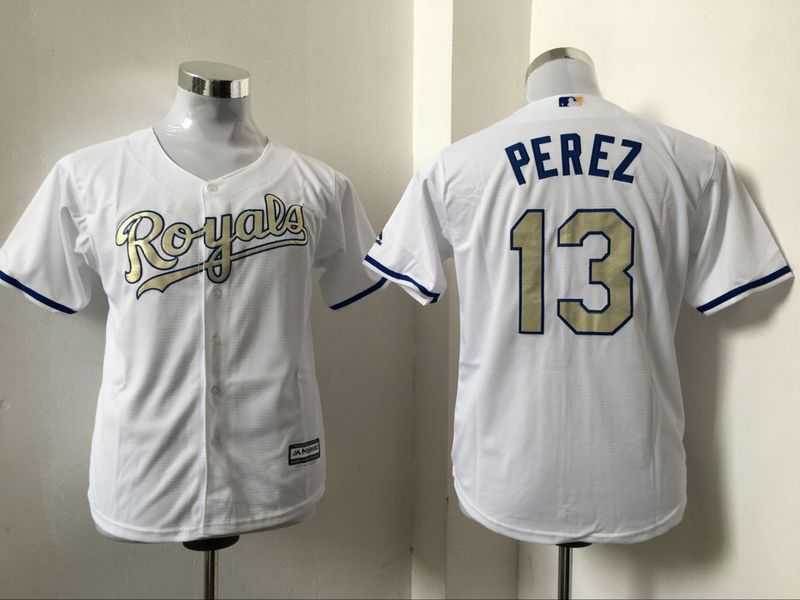 Youth Kansas City Royals #13 Salvador Perez White-Gold New Cool Base Stitched Baseball Jersey,We sell and wholesale Youth Kansas City Royals #13 Salvador Perez White-Gold New Cool Base Stitched Baseball Jersey on line form chian!