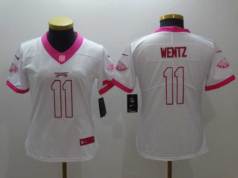 Women Limited Nike Philadelphia Eagles #11 Carson Wentz White Pink Stitched Rush Jersey,We sell and wholesale Women Limited Nike Philadelphia Eagles #11 Carson Wentz White Pink Stitched Rush Jersey on line form chian!
