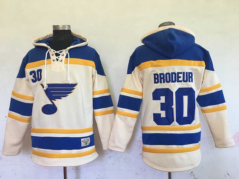 St. Louis Blues #30 Martin Brodeur Cream Sawyer Hooded Sweatshirt Stitched NHL Hoodie,We sell and wholesale St. Louis Blues #30 Martin Brodeur Cream Sawyer Hooded Sweatshirt Stitched NHL Hoodie on line form chian!