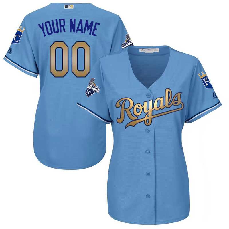 Women Kansas City Royals Customized Light Blue FlexBase 2015 World Series Champions Gold Program Baseball Jersey,We sell and wholesale Women Kansas City Royals Customized Light Blue FlexBase 2015 World Series Champions Gold Program Baseball Jersey on line form chian!