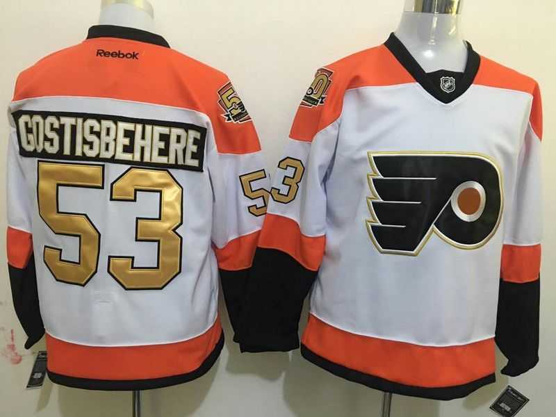 Philadelphia Flyers #53 Shayne Gostisbehere 50TH Patch White-Golden Stitched NHL Jersey,We sell and wholesale Philadelphia Flyers #53 Shayne Gostisbehere 50TH Patch White-Golden Stitched NHL Jersey on line form chian!