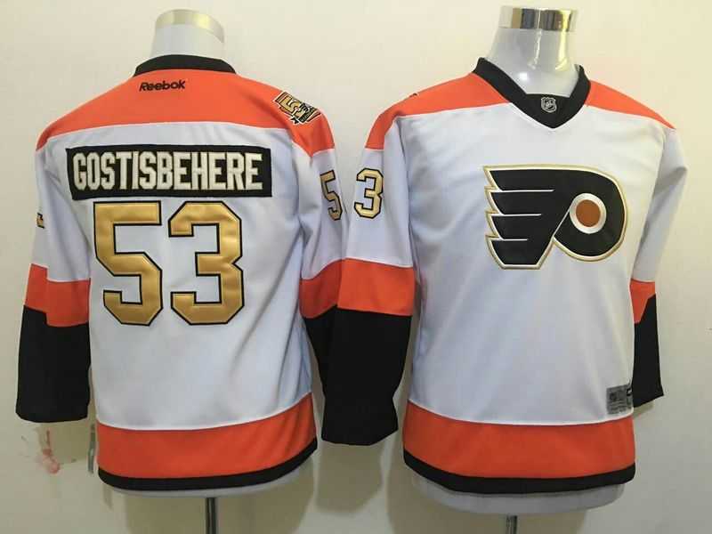 Youth Philadelphia Flyers #53 Shayne Gostisbehere 50TH Patch White-Golden Stitched NHL Jersey,We sell and wholesale Youth Philadelphia Flyers #53 Shayne Gostisbehere 50TH Patch White-Golden Stitched NHL Jersey on line form chian!