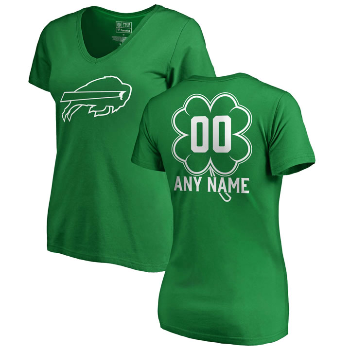 Customized Women's Buffalo Bills NFL Pro Line by Fanatics Branded Kelly Green St. Patrick's Day Personalized Name & Number Slim Fit V Neck T-Shirt,We sell and wholesale Customized Women's Buffalo Bills NFL Pro Line by Fanatics Branded Kelly Green St. Patrick's Day Personalized Name & Number Slim Fit V Neck T-Shirt on line form chian!