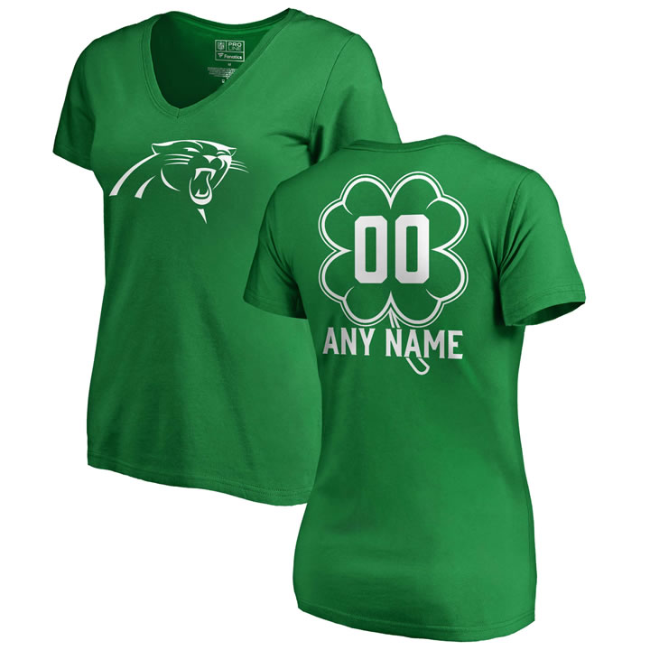 Customized Women's Carolina Panthers NFL Pro Line by Fanatics Branded Kelly Green St. Patrick's Day Personalized Name & Number Slim Fit V Neck T-Shirt,We sell and wholesale Customized Women's Carolina Panthers NFL Pro Line by Fanatics Branded Kelly Green St. Patrick's Day Personalized Name & Number Slim Fit V Neck T-Shirt on line form chian!