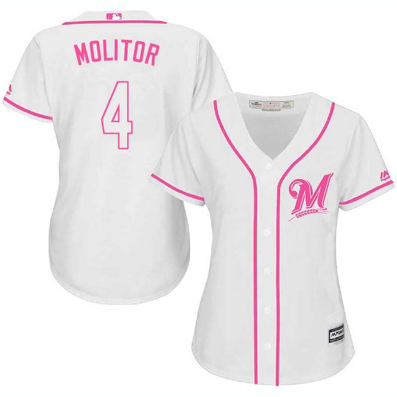 Women Milwaukee Brewers #4 Paul Molitor White Pink New Cool Base Jersey JiaSu,We sell and wholesale Women Milwaukee Brewers #4 Paul Molitor White Pink New Cool Base Jersey JiaSu on line form chian!