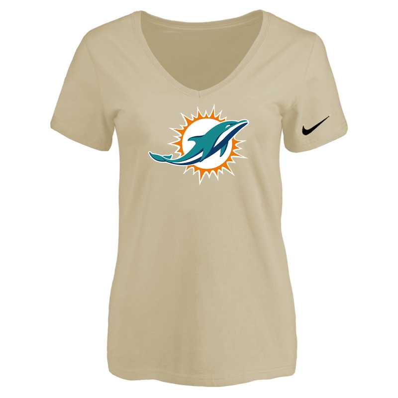 Women's Miami Dolphins Beige Logo V neck T-Shirt FengYun,We sell and wholesale Women's Miami Dolphins Beige Logo V neck T-Shirt FengYun on line form chian!