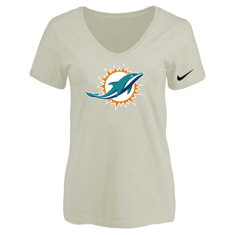 Women's Miami Dolphins Cream Logo V neck T-Shirt FengYun,We sell and wholesale Women's Miami Dolphins Cream Logo V neck T-Shirt FengYun on line form chian!