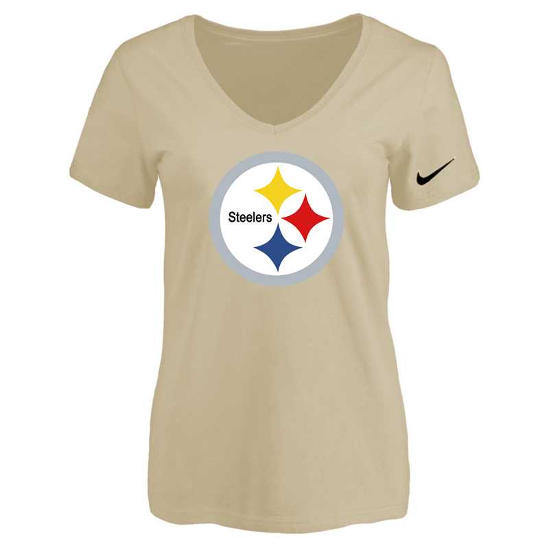 Women's Pittsburgh Steelers Beige Logo V neck T-Shirt FengYun,We sell and wholesale Women's Pittsburgh Steelers Beige Logo V neck T-Shirt FengYun on line form chian!