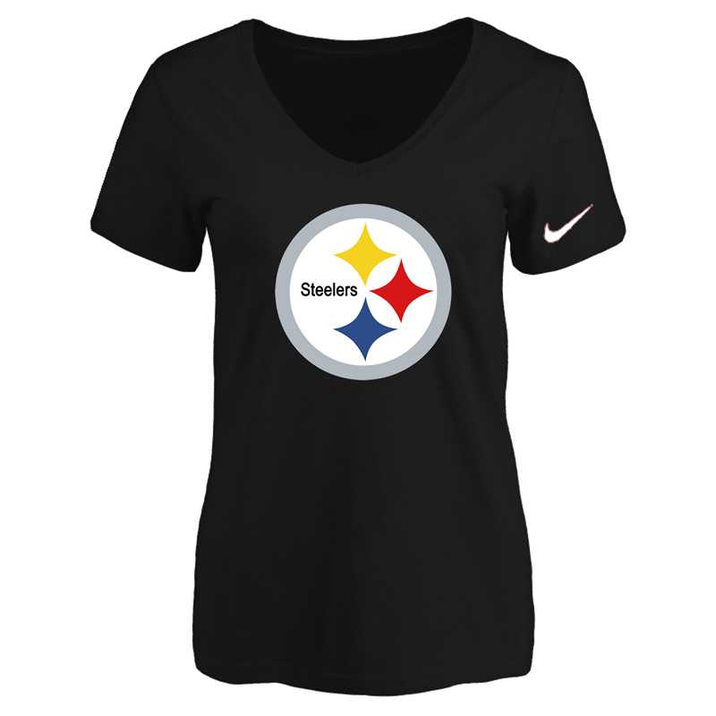 Women's Pittsburgh Steelers Black Logo V neck T-Shirt FengYun,We sell and wholesale Women's Pittsburgh Steelers Black Logo V neck T-Shirt FengYun on line form chian!