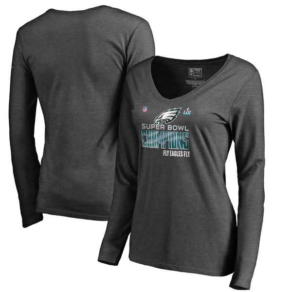 Women Philadelphia Eagles NFL Pro Line by Fanatics Branded Heather Charcoal Super Bowl LII Champions Long Sleeve V Neck T Shirt,We sell and wholesale Women Philadelphia Eagles NFL Pro Line by Fanatics Branded Heather Charcoal Super Bowl LII Champions Long Sleeve V Neck T Shirt on line form chian!