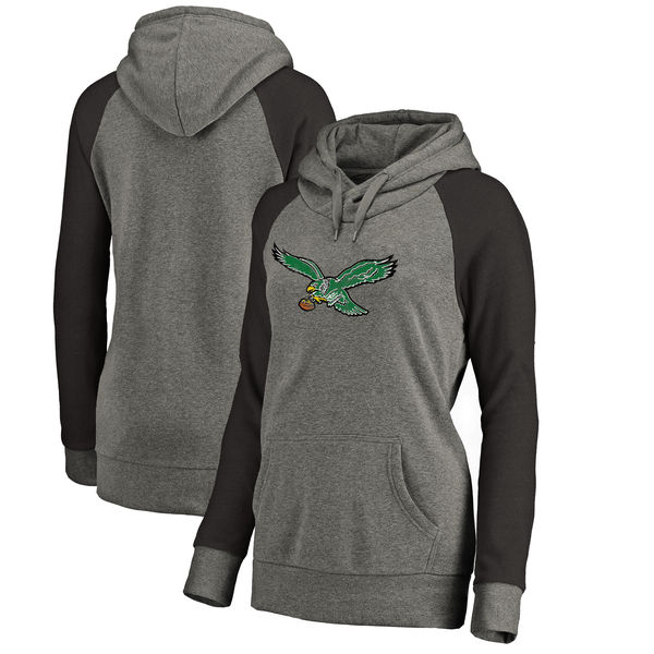 Women Philadelphia Eagles NFL Pro Line by Fanatics Branded Throwback Logo Tri-Blend Raglan Plus Size Pullover Hoodie - GrayBlack,We sell and wholesale Women Philadelphia Eagles NFL Pro Line by Fanatics Branded Throwback Logo Tri-Blend Raglan Plus Size Pullover Hoodie - GrayBlack on line form chian!