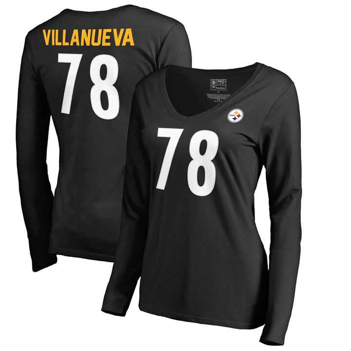 Women Pittsburgh Steelers 78 Alejandro Villanueva NFL Pro Line by Fanatics Branded Black Authentic Stack Name Number V Neck Long Sleeve T Shirt,We sell and wholesale Women Pittsburgh Steelers 78 Alejandro Villanueva NFL Pro Line by Fanatics Branded Black Authentic Stack Name Number V Neck Long Sleeve T Shirt on line form chian!