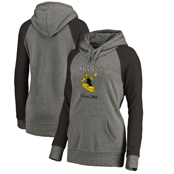 Women Pittsburgh Steelers NFL Pro Line by Fanatics Branded Throwback Logo Tri-Blend Raglan Plus Size Pullover Hoodie - GrayBlack,We sell and wholesale Women Pittsburgh Steelers NFL Pro Line by Fanatics Branded Throwback Logo Tri-Blend Raglan Plus Size Pullover Hoodie - GrayBlack on line form chian!
