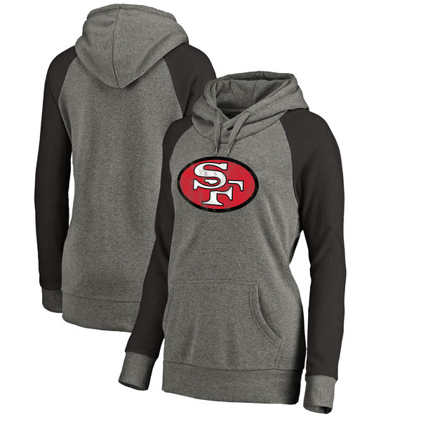 Women San Francisco 49ers NFL Pro Line by Fanatics Branded Throwback Logo Tri-Blend Raglan Plus Size Pullover Hoodie - GrayBlack,We sell and wholesale Women San Francisco 49ers NFL Pro Line by Fanatics Branded Throwback Logo Tri-Blend Raglan Plus Size Pullover Hoodie - GrayBlack on line form chian!