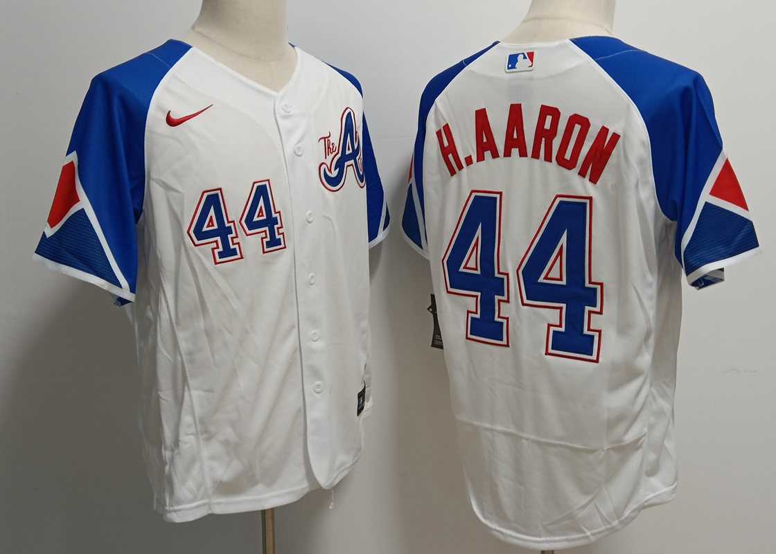 Men's Atlanta Braves #44 Hank Aaron White 2023 City Connect Flex Base Stitched Baseball Jersey,We sell and wholesale Men's Atlanta Braves #44 Hank Aaron White 2023 City Connect Flex Base Stitched Baseball Jersey on line form chian!