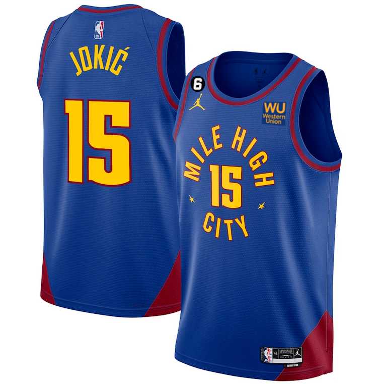 Men's Denver Nuggets #15 Nikola Jokic Blue 2022-23 Statement Edition With NO.6 Patch Stitched Jersey Dzhi,We sell and wholesale Men's Denver Nuggets #15 Nikola Jokic Blue 2022-23 Statement Edition With NO.6 Patch Stitched Jersey Dzhi on line form chian!