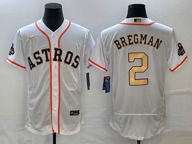 Men's Houston Astros #2 Alex Bregman 2023 White Gold World Serise Champions Patch Flex Base Stitched Jersey,We sell and wholesale Men's Houston Astros #2 Alex Bregman 2023 White Gold World Serise Champions Patch Flex Base Stitched Jersey on line form chian!