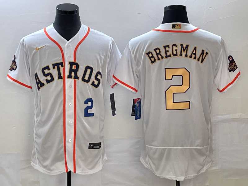 Men's Houston Astros #2 Alex Bregman Number 2023 White Gold World Serise Champions Patch Flex Base Stitched Jersey,We sell and wholesale Men's Houston Astros #2 Alex Bregman Number 2023 White Gold World Serise Champions Patch Flex Base Stitched Jersey on line form chian!