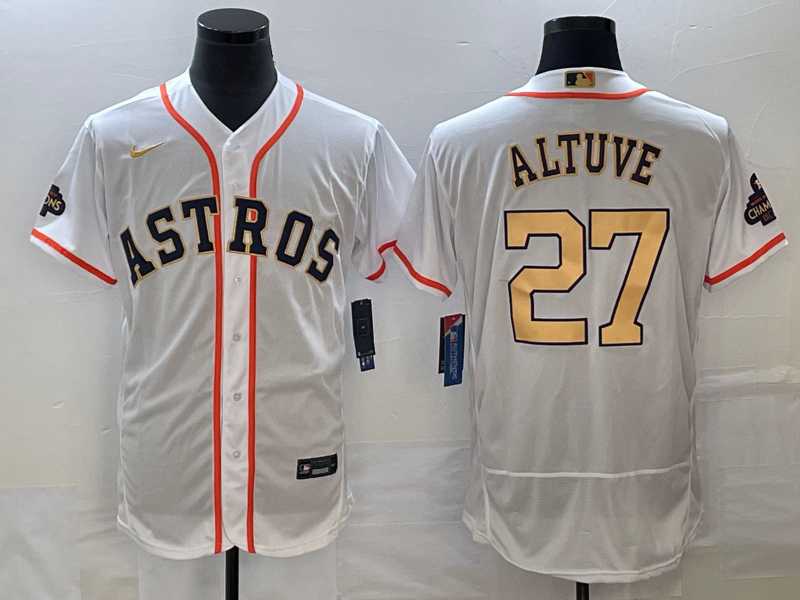 Men's Houston Astros #27 Jose Altuve 2023 White Gold World Serise Champions Patch Flex Base Stitched Jersey,We sell and wholesale Men's Houston Astros #27 Jose Altuve 2023 White Gold World Serise Champions Patch Flex Base Stitched Jersey on line form chian!