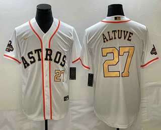 Men's Houston Astros #27 Jose Altuve Number 2023 White Gold World Serise Champions Patch Cool Base Stitched Jerseys,We sell and wholesale Men's Houston Astros #27 Jose Altuve Number 2023 White Gold World Serise Champions Patch Cool Base Stitched Jerseys on line form chian!