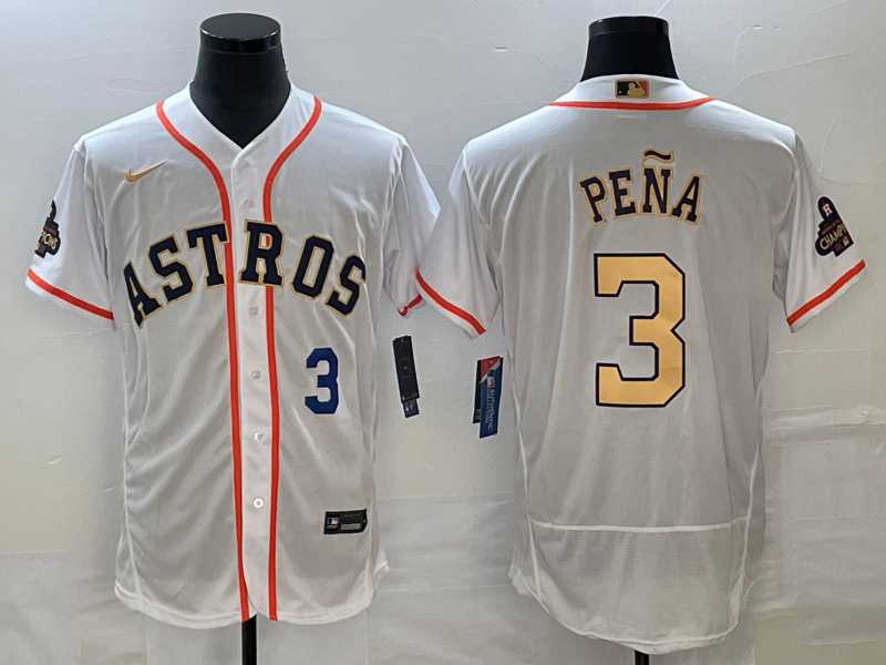 Men's Houston Astros #3 Jeremy Pena Number 2023 White Gold World Serise Champions Patch Flex Base Stitched Jersey,We sell and wholesale Men's Houston Astros #3 Jeremy Pena Number 2023 White Gold World Serise Champions Patch Flex Base Stitched Jersey on line form chian!