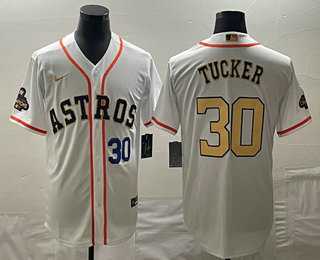 Men's Houston Astros #30 Kyle Tucker Number 2023 White Gold World Serise Champions Patch Cool Base Stitched Jersey,We sell and wholesale Men's Houston Astros #30 Kyle Tucker Number 2023 White Gold World Serise Champions Patch Cool Base Stitched Jersey on line form chian!