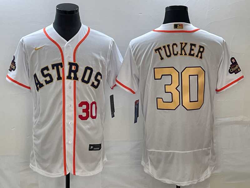 Men's Houston Astros #30 Kyle Tucker Number 2023 White Gold World Serise Champions Patch Flex Base Stitched MLB Jersey,We sell and wholesale Men's Houston Astros #30 Kyle Tucker Number 2023 White Gold World Serise Champions Patch Flex Base Stitched MLB Jersey on line form chian!
