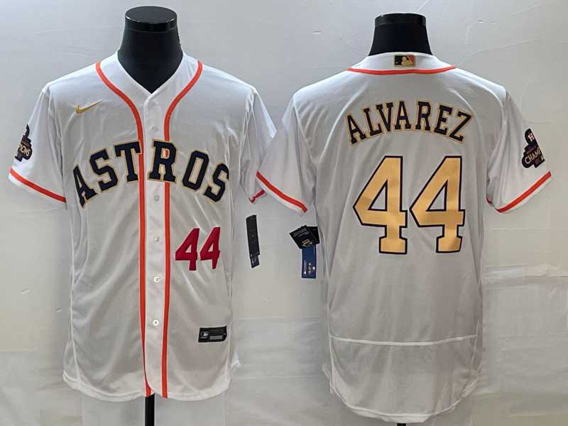 Men's Houston Astros #44 Yordan Alvarez Number 2023 White Gold World Serise Champions Patch Flex Base Stitched MLB Jersey,We sell and wholesale Men's Houston Astros #44 Yordan Alvarez Number 2023 White Gold World Serise Champions Patch Flex Base Stitched MLB Jersey on line form chian!