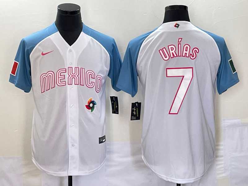 Men's Mexico Baseball #7 Julio Urias 2023 White Blue World Classic Stitched Jersey (2),We sell and wholesale Men's Mexico Baseball #7 Julio Urias 2023 White Blue World Classic Stitched Jersey (2) on line form chian!