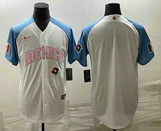 Men's Mexico Baseball Blank 2023 White Blue World Classic Stitched Jersey,We sell and wholesale Men's Mexico Baseball Blank 2023 White Blue World Classic Stitched Jersey on line form chian!
