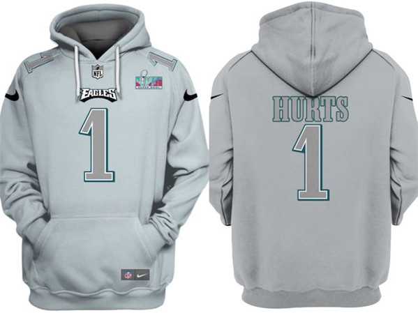 Men's Philadelphia Eagles #1 Jalen Hurts Gray Atmosphere Fashion Super Bowl LVII Patch Pullover Hoodie,We sell and wholesale Men's Philadelphia Eagles #1 Jalen Hurts Gray Atmosphere Fashion Super Bowl LVII Patch Pullover Hoodie on line form chian!