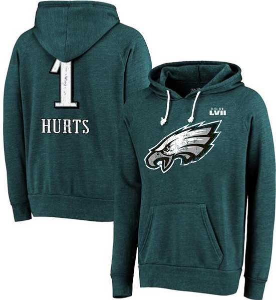 Men's Philadelphia Eagles #1 Jalen Hurts Midnight Green Super Bowl LVII Name & Number Pullover Hoodie,We sell and wholesale Men's Philadelphia Eagles #1 Jalen Hurts Midnight Green Super Bowl LVII Name & Number Pullover Hoodie on line form chian!