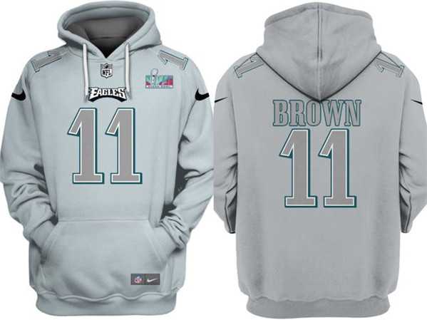 Men's Philadelphia Eagles #11 A.J. Brown Gray Atmosphere Fashion Super Bowl LVII Patch Pullover Hoodie,We sell and wholesale Men's Philadelphia Eagles #11 A.J. Brown Gray Atmosphere Fashion Super Bowl LVII Patch Pullover Hoodie on line form chian!