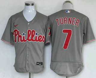 Men's Philadelphia Phillies #7 Trea Turner Grey Stitched MLB Flex Base Nike Jersey,We sell and wholesale Men's Philadelphia Phillies #7 Trea Turner Grey Stitched MLB Flex Base Nike Jersey on line form chian!