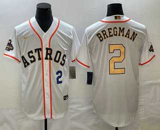 Mens Houston Astros #2 Alex Bregman Number 2023 White Gold World Serise Champions Patch Cool Base Stitched Jersey,We sell and wholesale Mens Houston Astros #2 Alex Bregman Number 2023 White Gold World Serise Champions Patch Cool Base Stitched Jersey on line form chian!