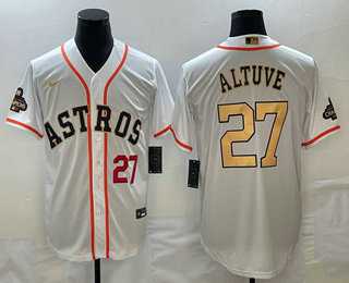 Mens Houston Astros #27 Jose Altuve Number 2023 White Gold World Serise Champions Patch Cool Base Stitched Jersey,We sell and wholesale Mens Houston Astros #27 Jose Altuve Number 2023 White Gold World Serise Champions Patch Cool Base Stitched Jersey on line form chian!