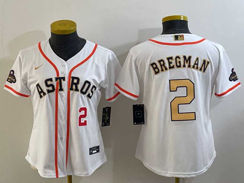 Women's Houston Astros #2 Alex Bregman Number 2023 White Gold World Serise Champions Patch Cool Base Jersey,We sell and wholesale Women's Houston Astros #2 Alex Bregman Number 2023 White Gold World Serise Champions Patch Cool Base Jersey on line form chian!