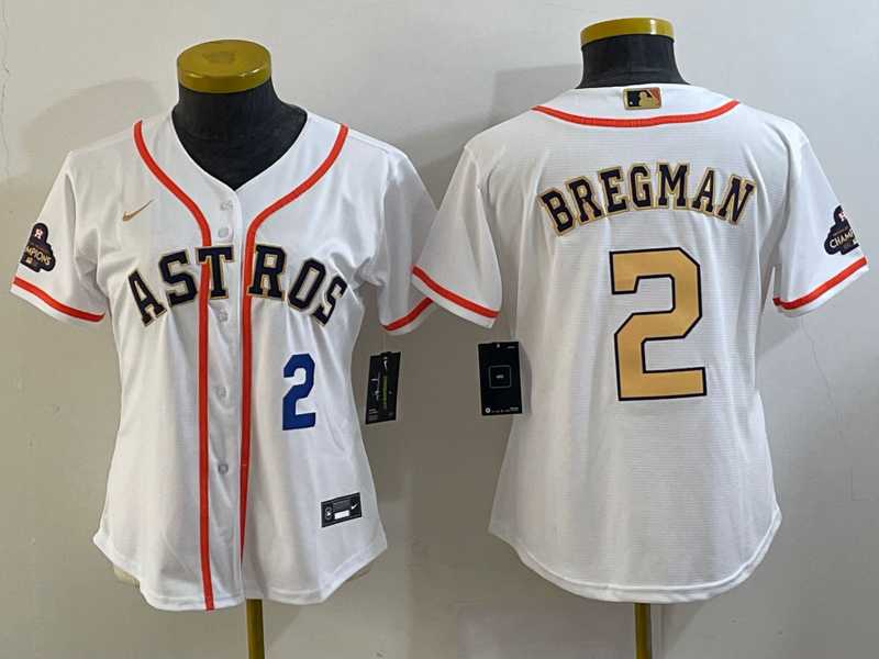 Women's Houston Astros #2 Alex Bregman Number 2023 White Gold World Serise Champions Patch Cool Base Stitched Jersey,We sell and wholesale Women's Houston Astros #2 Alex Bregman Number 2023 White Gold World Serise Champions Patch Cool Base Stitched Jersey on line form chian!