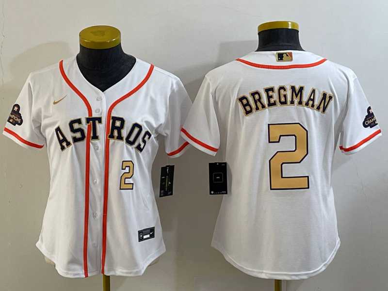 Women's Houston Astros #2 Alex Bregman Number 2023 White Gold World Serise Champions Patch Cool Base Stitched Jerseys,We sell and wholesale Women's Houston Astros #2 Alex Bregman Number 2023 White Gold World Serise Champions Patch Cool Base Stitched Jerseys on line form chian!