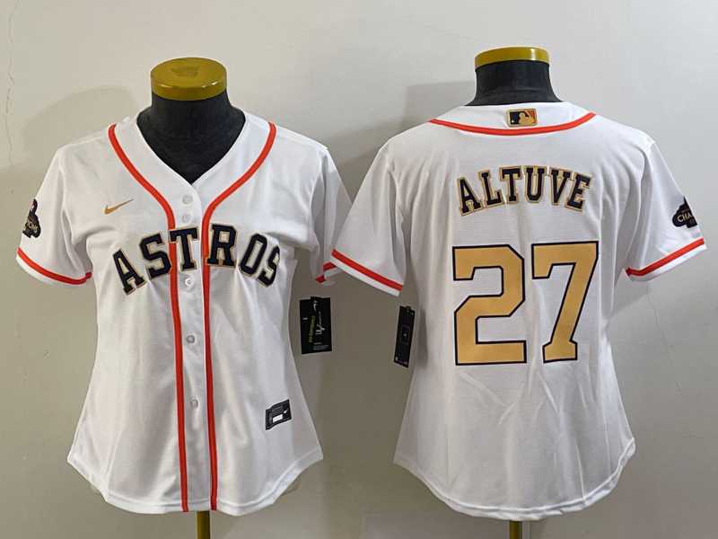Women's Houston Astros #27 Jose Altuve 2023 White Gold World Serise Champions Patch Cool Base Stitched Jersey,We sell and wholesale Women's Houston Astros #27 Jose Altuve 2023 White Gold World Serise Champions Patch Cool Base Stitched Jersey on line form chian!