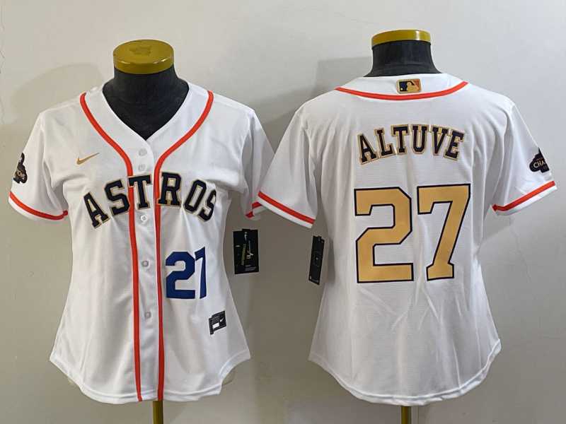 Women's Houston Astros #27 Jose Altuve Number 2023 White Gold World Serise Champions Patch Cool Base Jersey,We sell and wholesale Women's Houston Astros #27 Jose Altuve Number 2023 White Gold World Serise Champions Patch Cool Base Jersey on line form chian!