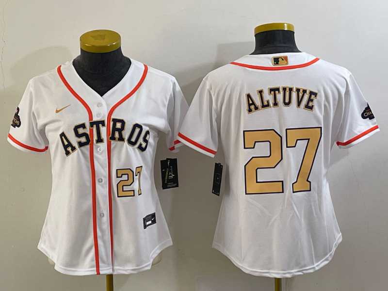 Women's Houston Astros #27 Jose Altuve Number 2023 White Gold World Serise Champions Patch Cool Base Stitched Jerseys,We sell and wholesale Women's Houston Astros #27 Jose Altuve Number 2023 White Gold World Serise Champions Patch Cool Base Stitched Jerseys on line form chian!