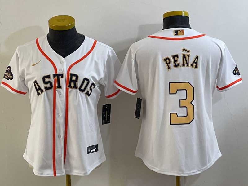 Women's Houston Astros #3 Jeremy Pena 2023 White Gold World Serise Champions Patch Cool Base Stitched Jersey,We sell and wholesale Women's Houston Astros #3 Jeremy Pena 2023 White Gold World Serise Champions Patch Cool Base Stitched Jersey on line form chian!