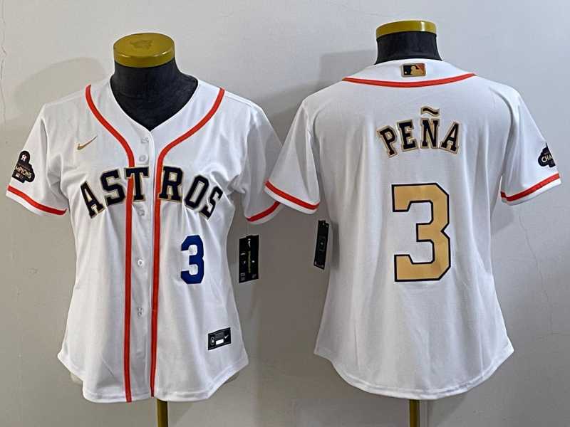 Women's Houston Astros #3 Jeremy Pena Number 2023 White Gold World Serise Champions Patch Cool Base Jersey,We sell and wholesale Women's Houston Astros #3 Jeremy Pena Number 2023 White Gold World Serise Champions Patch Cool Base Jersey on line form chian!