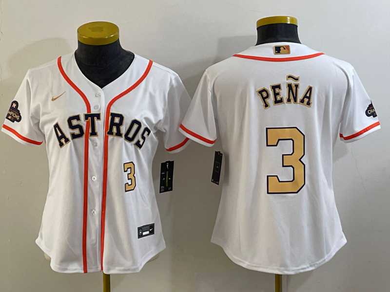 Women's Houston Astros #3 Jeremy Pena Number 2023 White Gold World Serise Champions Patch Cool Base Stitched Jersey,We sell and wholesale Women's Houston Astros #3 Jeremy Pena Number 2023 White Gold World Serise Champions Patch Cool Base Stitched Jersey on line form chian!