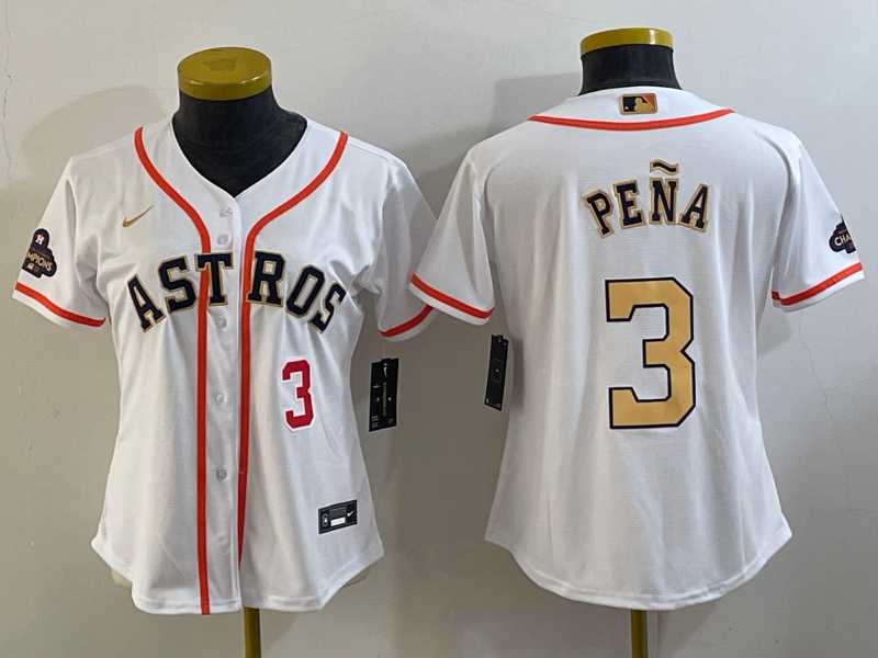 Women's Houston Astros #3 Jeremy Pena Number 2023 White Gold World Serise Champions Patch Cool Base Stitched Jerseys,We sell and wholesale Women's Houston Astros #3 Jeremy Pena Number 2023 White Gold World Serise Champions Patch Cool Base Stitched Jerseys on line form chian!