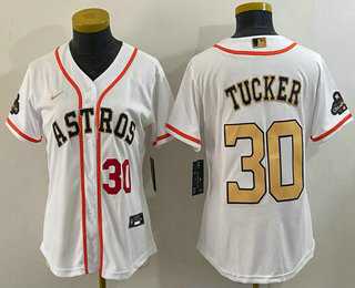 Women's Houston Astros #30 Kyle Tucker Number 2023 White Gold World Serise Champions Patch Cool Base Jersey,We sell and wholesale Women's Houston Astros #30 Kyle Tucker Number 2023 White Gold World Serise Champions Patch Cool Base Jersey on line form chian!