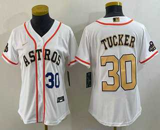 Women's Houston Astros #30 Kyle Tucker Number 2023 White Gold World Serise Champions Patch Cool Base Stitched Jersey,We sell and wholesale Women's Houston Astros #30 Kyle Tucker Number 2023 White Gold World Serise Champions Patch Cool Base Stitched Jersey on line form chian!