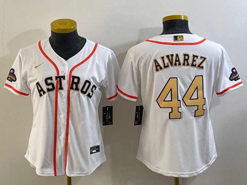 Women's Houston Astros #44 Yordan Alvarez 2023 White Gold World Serise Champions Patch Cool Base Stitched Jersey,We sell and wholesale Women's Houston Astros #44 Yordan Alvarez 2023 White Gold World Serise Champions Patch Cool Base Stitched Jersey on line form chian!